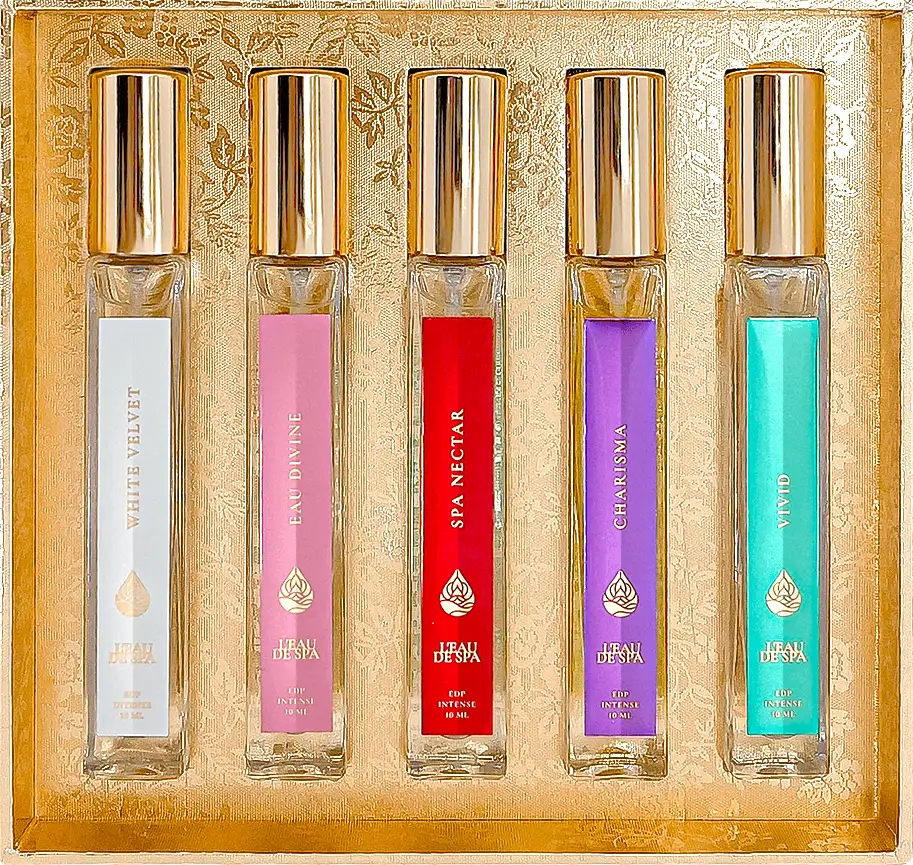 Luxury gift set of L'EAU DE SPA Discovery Collection 5x10 ml. Royal Parfum and Spa Perfume set from Karlovy Vary, Czech Republic. White Velvet, Eau Divine, Spa Nectar, Charisma, and Vivid. Travel perfume set.